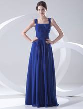 Empire Waist Straps Neck Floor-Length Royal Blue Chiffon Ruched Dress For Bridesmaid 