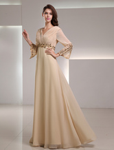 A-line V-Neck Floor-Length Champagne Chiffon Applique Evening Dress 