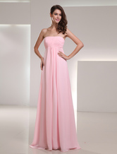 Empire Waist Strapless Floor-Length Pink Chiffon Ruched Dress For Bridesmaid 