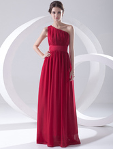 Empire Waist One-Shoulder Floor-Length Red Chiffon Ruched Evening Dress 