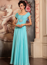 Off-The-Shoulder Floor-Length Blue Elastic Woven Satin Formal Evening Dress 