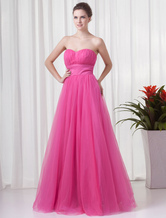 Princess Silhouette Sweetheart Neck Floor-Length Fuchsia Net Tiered Prom Dress 