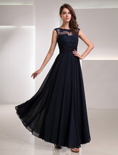 A-line Jewel Neck Ankle-Length Dark Navy Chiffon Lace Evening Dress 