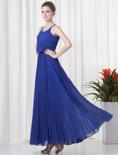 A-line Straps Neck Ankle-Length Blue Chiffon Pleated Evening Dress 