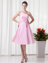 A-line One-Shoulder Tea-Length Pink Taffeta Bridesmaid Dress 