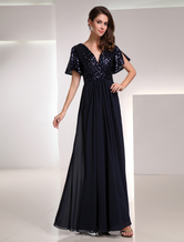 A-line V-Neck Ankle-Length Dark Navy Chiffon Sequin Evening Dress 
