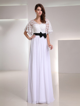 A-line V-Neck Floor-Length White Chiffon Sash Lace Evening Dress 