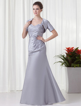 Mermaid Straps Neck Floor-Length Silver Taffeta Ruched Beading Dress For Bridesmaid 