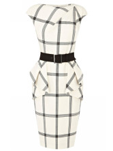 White Jewel Neck Sleeveless Plaid Ruffles Dress For Woman