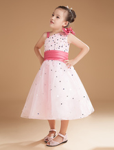 Ball Gown Off-The-Shoulder Tea-Length Pink Organza Satin Beading Flower Girl Dress 