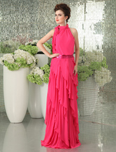 Sheath High Collar Floor-Length Fuchsia Chiffon Lace Evening Dress  Milanoo
