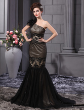 Mermaid One-Shoulder Sweep Black Net Feather Evening Dress  Milanoo
