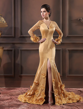 Mermaid V-Neck Chapel Train Gold Satin Applique Evening Dress  Milanoo