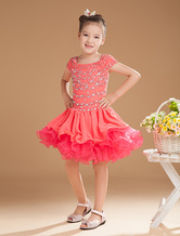 Ball Gown Square Neck Knee-Length Watermelon Chiffon Organza Beading Dress For Flower Girl 