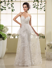 A-line Spaghetti Straps Floor-Length Ivory Lace Silk-like Bridal Gown  Milanoo