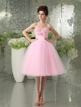 A-line Strapless Knee-Length Pink Net Flower Beading Prom Dress  Milanoo