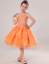 Ball Gown Straps Neck Tea-Length Orange Organza Beading Flower Girl Dress 