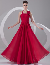 Ball Gown Halter Floor-Length Red Chiffon Cascading Ruffle Evening Dress 