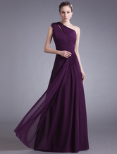 Ball Gown One-Shoulder Floor-Length Grape Chiffon Cascading Ruffle Evening Dress 