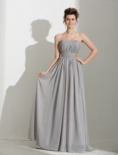 A-line Strapless Floor-Length Silver Chiffon Beading Prom Dress 