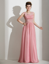 A-line Straps Neck Floor-Length Blushing Pink Chiffon Beading Prom Dress 