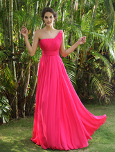 A-line One-Shoulder Floor-Length Fuchsia Chiffon Draped Prom Dress 