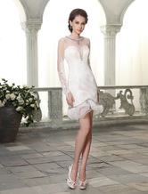 Kurzes langärmeliges Günstiges Brautkleid mit Rüschen und Illusionskragen Milanoo