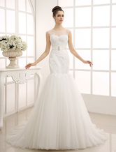 Fit and Flare Wedding Dress with Illusion Neckline and Back Design