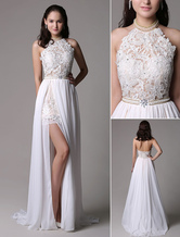 Ivory Halter Neck Lace Applique Beading Chiffon Prom Dress with Long Splits and Open Back