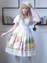 Sweet Lolita Dress OP Light Blue Square Neckline Short Sleeve Printed Ruffle Cotton One Piece Dress Original Design