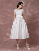 Vintage Wedding Dress Satin Short Bridal Gown Lace Beading Tea Length Reception Bridal Dress Detachable Bow Sash Milanoo
