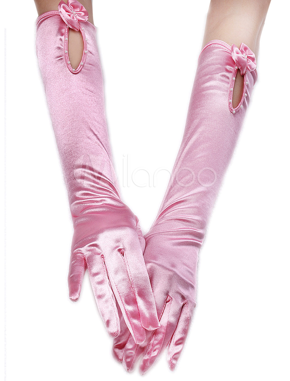 Sweet Pink Satin Beaded Bow Wedding Bridal Gloves