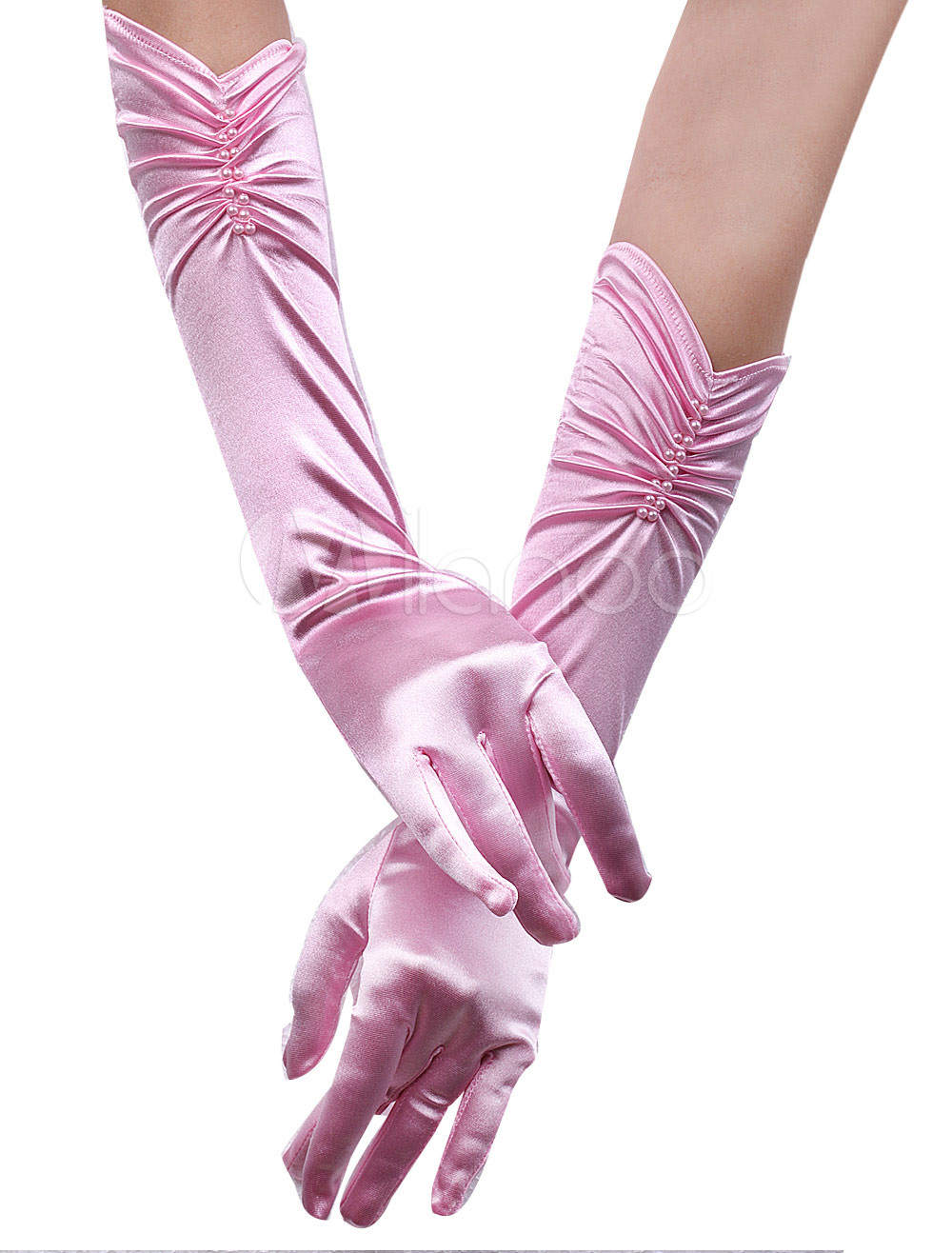 Fantastic Pink Satin Beaded Wedding Bridal Gloves