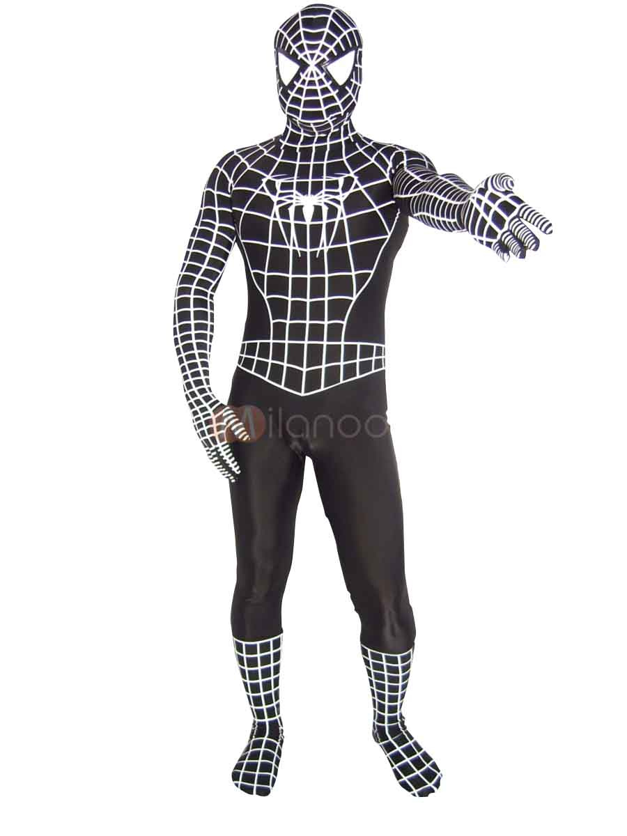 Deep Black Lycra Spandex Unisex Spiderman Costume Suit Outfit Zentai  with White Stripe