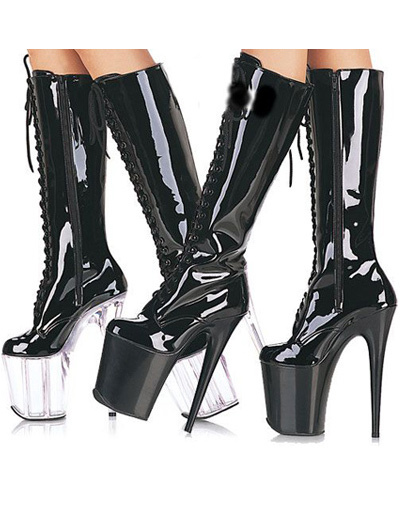 Cute High Heel Shoes on High Heel Black Patent Platform Knee High Boots Milanoo