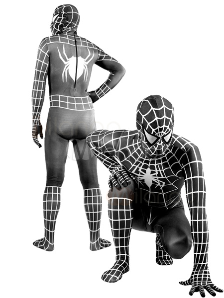 Lycra Spandex Black Spiderman Costume Outfit Zentai with White Stripes