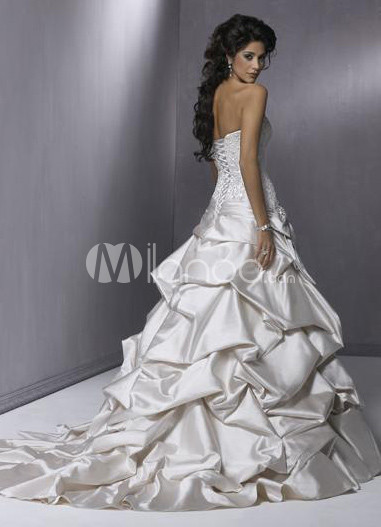 Ball Gown Lace Satin Draped Wedding Dress