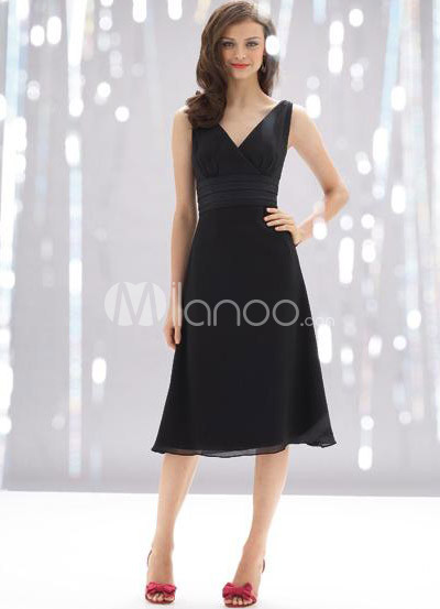 Unique Bridesmaid Dresses on Black Deep V Neck Chiffon Satin Summer Bridesmaid Dress   Milanoo Com