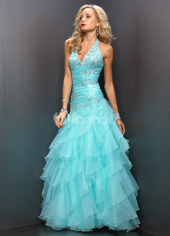 Beautiful Halter Ruffles Paillette Satin Tulle Prom Dress
