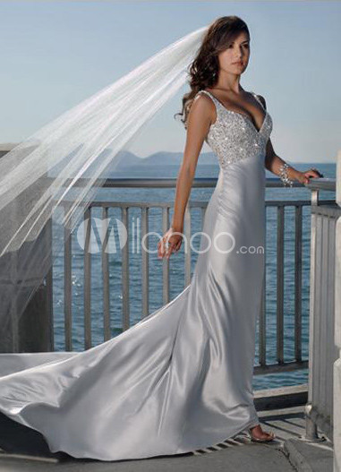Silver V-Neck A-line Satin Wedding Dress Silver V-Neck A-line Satin Wedding Dress