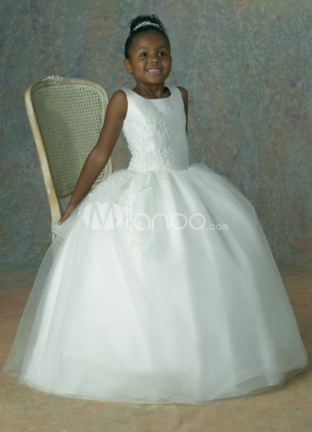 A-line White Organza Satin Flower Girl Dress