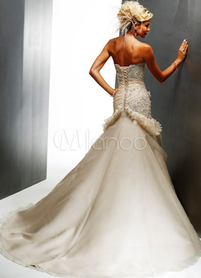 Applique Ruffles Satin Organdie Wedding Dress