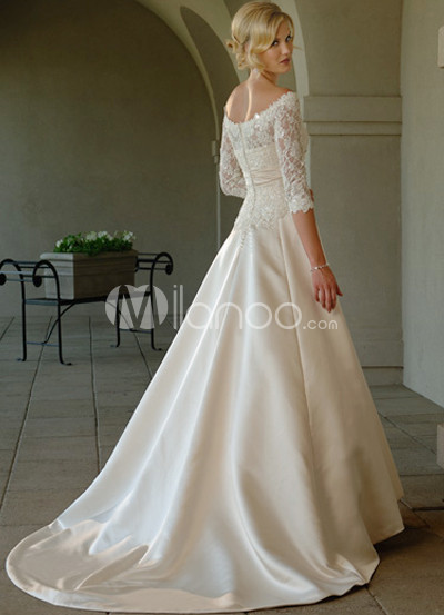 Long Sleeve Lace Wedding Gowns on Lace Sleeves Off The Shoulder Satin Wedding Dress   Milanoo Com