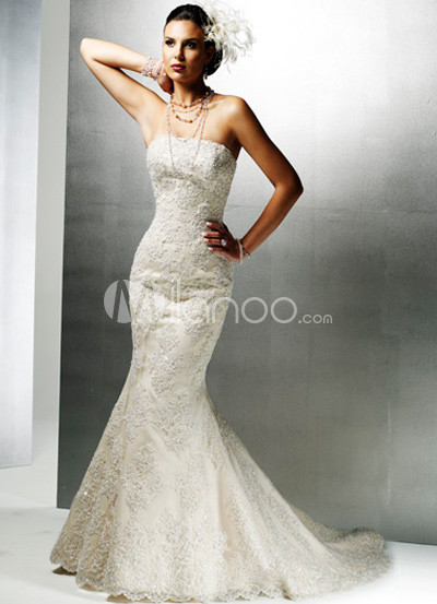 Mermaid Trumpet Beaded Strapless Satin Lace Wedding Dress