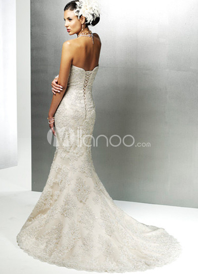 Mermaid Trumpet Beaded Strapless Satin Lace Wedding Dress