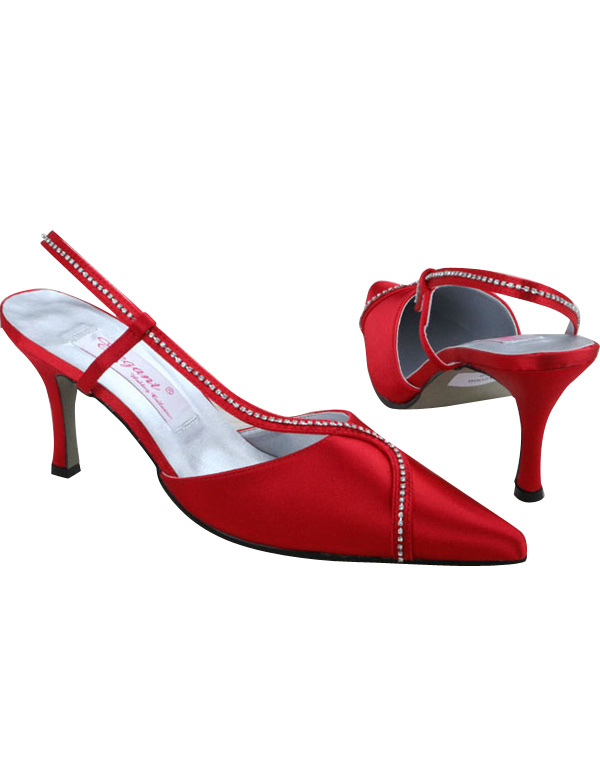 Red Rhinestone Satin Slingback Wedding Shoes