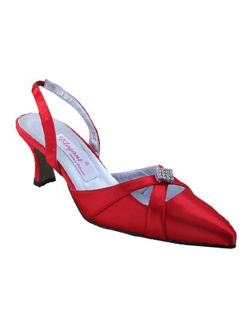 Red Satin Rhinestone Slingback Wedding Shoes