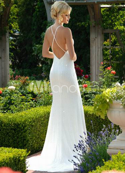 Backless Wedding Dresses on Sheath Spaghetti V Neck Backless Satin Wedding Dress   Milanoo Com