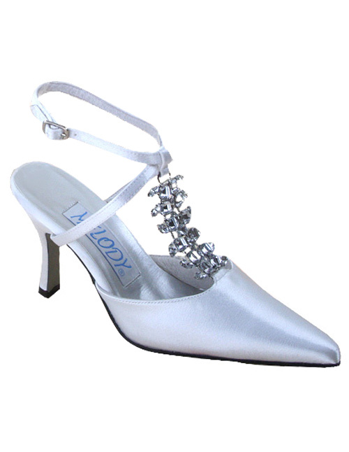 White Satin Rhinestone Slingback Shoes