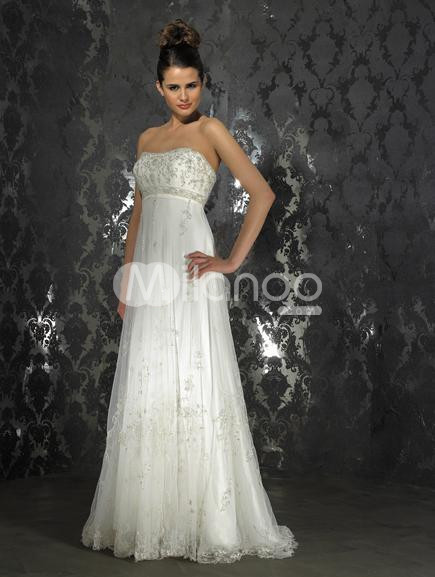 Empire Waist Ivory Strapless Brush Train Lace Satin Wedding Gown 14999